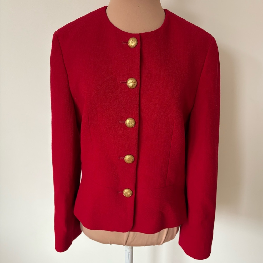 Louis Feraud Vintage Virgin Wool Red Gold Button Front Blazer Jacket Size US 8